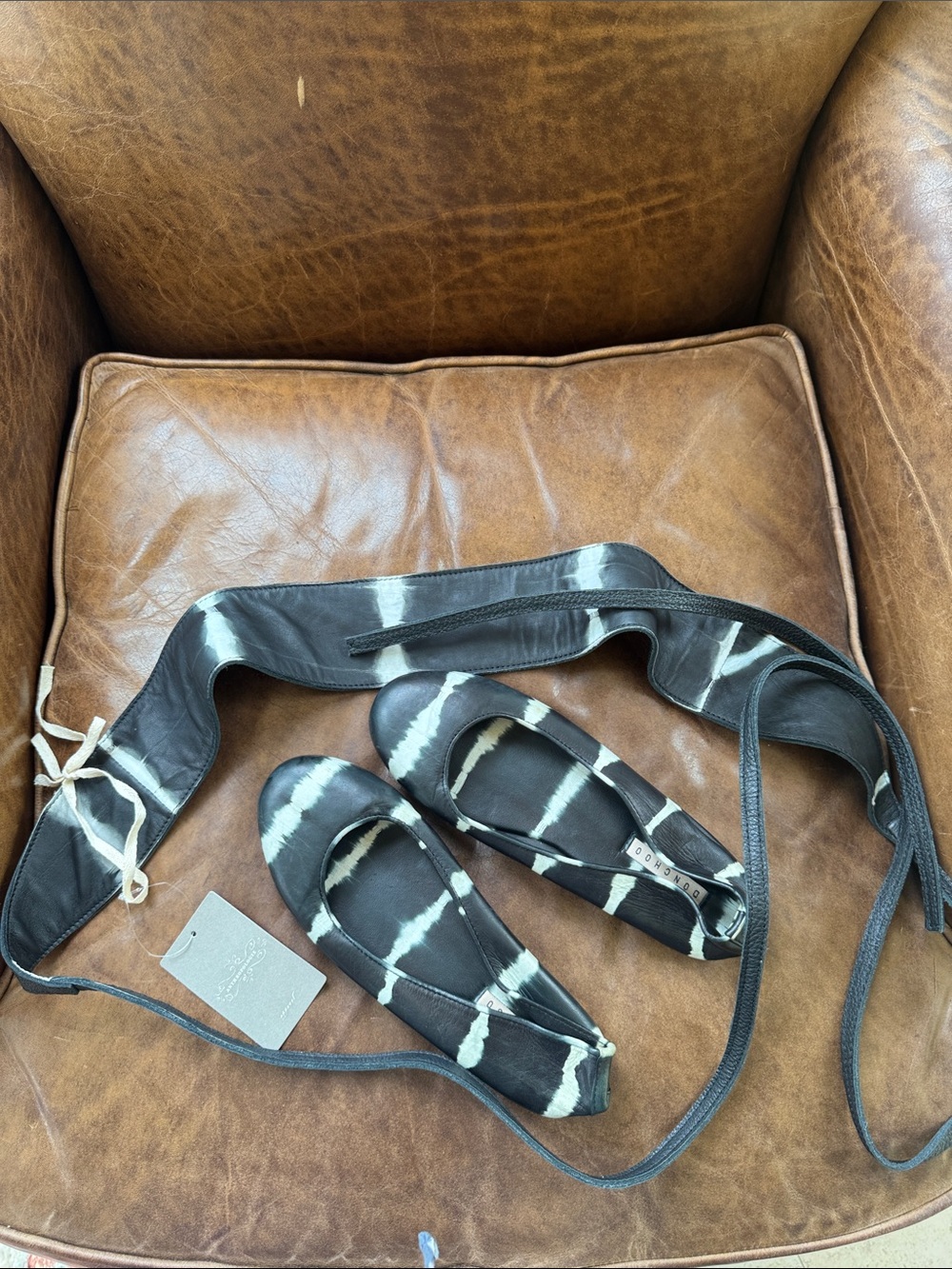 Tie-Dye Black and White Ballet Flats with Ankle Wrap